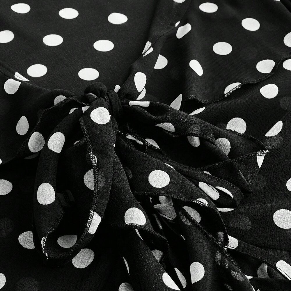 Black Women's Polka Dot Print Design Front Bow Tie Ruffle details blouse - Picture 9 of 11